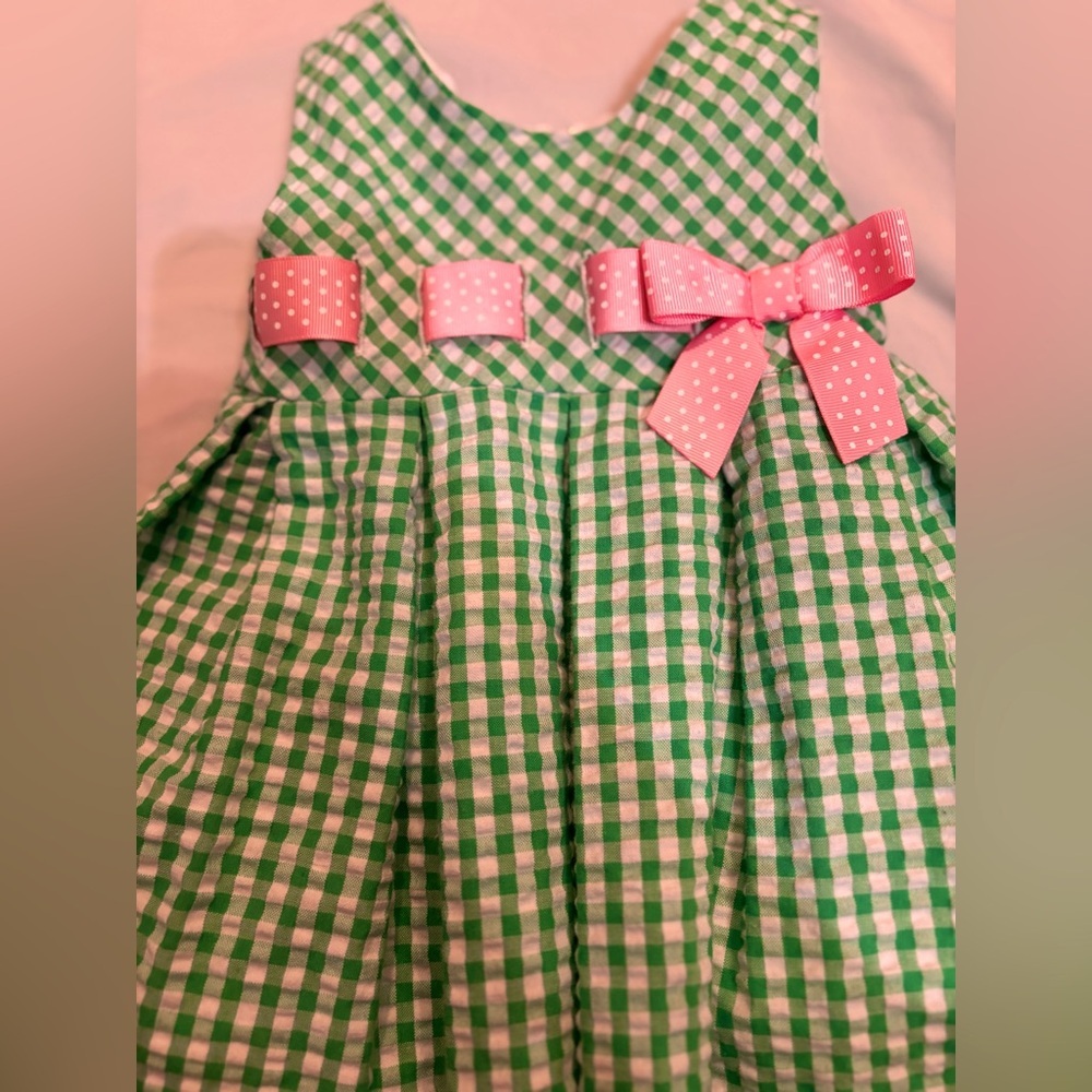 Green Gingham Dress with Pink Bow